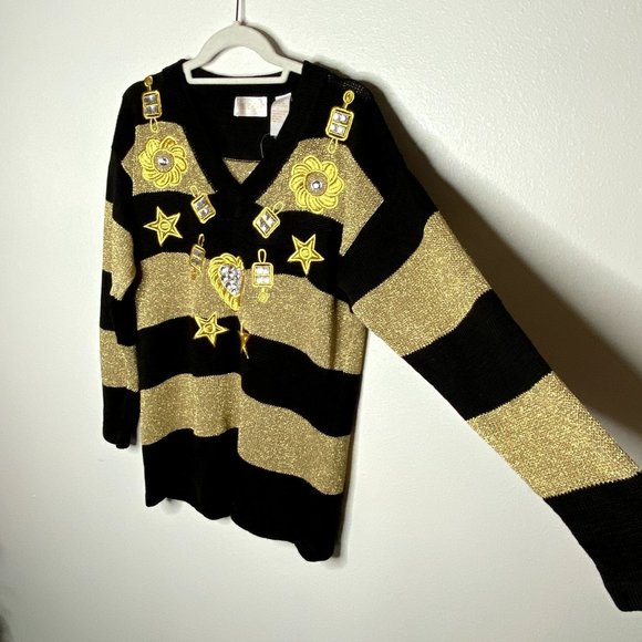 NEW XES-NY Gold & Black Striped Sweater Mob Wife Avant Garde - Picture 3 of 9